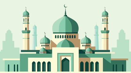 Islamic Mosque Building with Minarets and Domes Illustration.