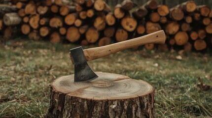 A sturdy wood-splitting axe is wedged firmly into a weathered tree stump, showcasing a scene of rustic preparation and manual labor. In the softly blurred background, a significant stack of neatly pil