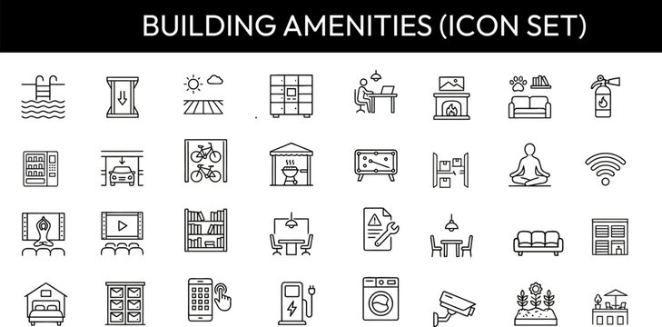 Building amenities icon set for architectural and real estate design