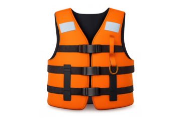 Orange life jacket providing water safety and flotation, personal protective equipment for aquatic activities with transparent background