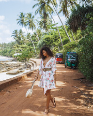 Woman Walking Tropical Coastal Road In Sri Lanka, Hiriketiya Beach