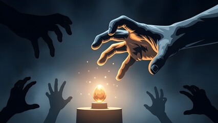 Mysterious hands reaching for a glowing golden egg on a pedestal