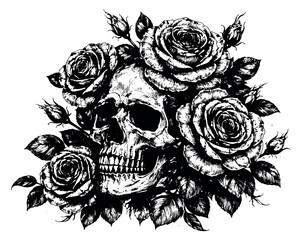 Hand drawn line art illustration of a skull and roses depicting a gothic aesthetic for edgy design