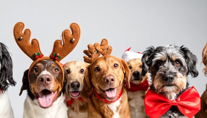 Happy group of dogs in festive Christmas costumes, wearing reindeer antlers, Santa hat, and red bow ties for the holiday celebration.