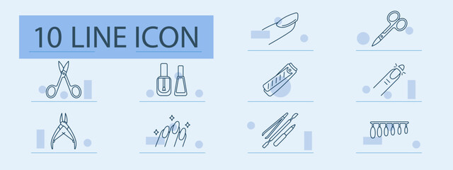 Nail care set icon. Line icons showing scissors, clipper, nail polish, cuticle tool, brush, nail art, glitter, manicure tools, artificial tip, file