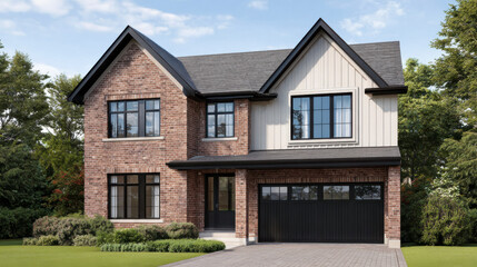 A brick and vinyl two-story home with black trim under a clear sky day.