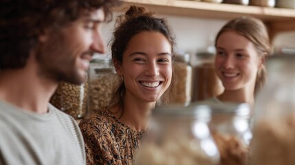 Fototapeta premium Three young people, a man and two women, standing in a kitchen and looking at jars of food. they are all smiling and appear to be engaged in a conversation.