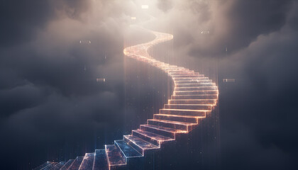 Futuristic glowing staircase rises through dark stormy clouds toward light, surreal concept of ascension and progress, on moody background