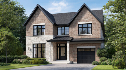 Elegant suburban two-story house with brick and stone facade.