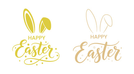 Happy easter hand lettering typography with bunny ears, easter greeting card, spring seasonal design © Taslima