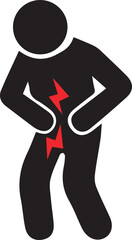 stomach pain abdominal discomfort icon red lightning bolt pelvic pain silhouette figure isolated on white background.