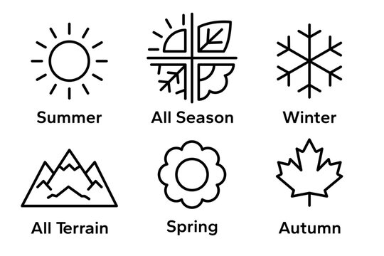 Season summer, autumn, winter, spring, all season, all terrain black line icon set. Season icons, label, sticker, banner, symbol, sign, emblem, logo, badge, web. Vector illustration.