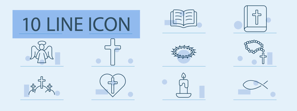 Christianity set icon. Line icons of cross, Bible, angel, rosary, candle, crown of thorns, heart with cross, graveyard, fish symbol, open scripture