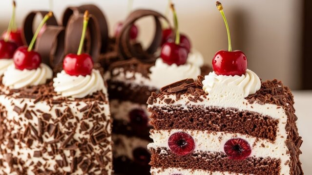Decadent Black Forest Gateau Slices with Fresh Cherries and Chocolate Garnish