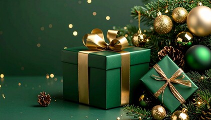 Festive green Christmas gift boxes with golden ribbons, surrounded by glittering ornaments and pine cones, set against a bokeh-lit dark green backdrop.