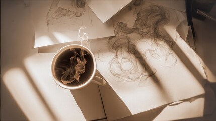 Warm-toned tabletop shot of a coffee cup and sketches in bright window light