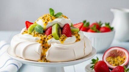 Decadent Pavlova Topped with Fresh Strawberries, Kiwi, and Passionfruit