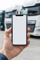 Hand holding up phone with blank screen with truck background in the lot.