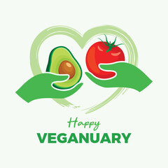 Veganuary annual challenge poster vector illustration. Hand giving avocado and tomato icon. Vegan food design. Template for background, banner, card