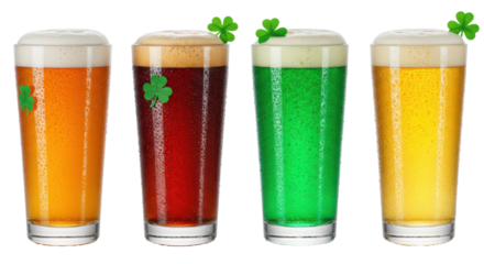 four condensation-covered pint glasses of golden beer, red ale, green lager, and pilsner, with creamy foam and shamrocks, against a high-key transparent cyclorama. concept for st. patrick's day
