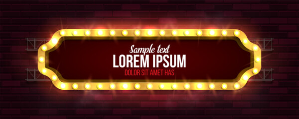 Shining retro billboard on brick wall background. Vintage bright sign board for your design. Vector illustration.