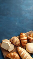 Artisan Bread Selection: A delectable assortment of freshly baked bread and pastries on a wooden board, with a rich blue backdrop. The image is a visual symphony of textures and flavors.