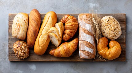 Artisan Bread Selection: A rustic wooden board showcases an array of freshly baked, golden-brown artisan bread, inviting viewers with its inviting textures.