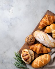 Artisanal Bakery Selection: An overhead shot showcases an assortment of freshly baked bread and pastries, a true feast for the eyes and a testament to culinary craftsmanship.