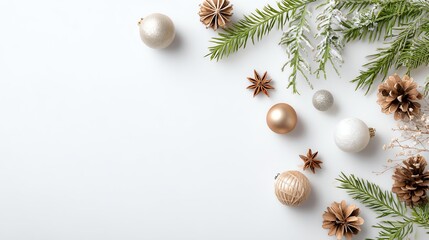 Festive holiday arrangement: A visually appealing holiday composition of evergreen branches, shimmering ornaments, pine cones, and star anise creating an inviting and warm holiday atmosphere.