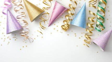 Party Supplies Abstract: Capturing an abstract arrangement of glittering party hats and festive ribbons create a joyful atmosphere, perfect for celebration and commemoration.