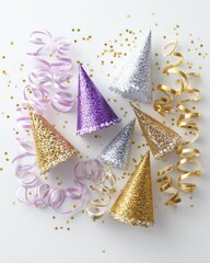 Festive Party Hats and Decorations: A vibrant arrangement of glittering party hats, shimmering confetti and decorative ribbons, perfect for creating a celebratory atmosphere.