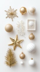 Festive ornaments arranged: An eye-level shot captures a curated collection of holiday ornaments and festive decor elements, set against a backdrop.