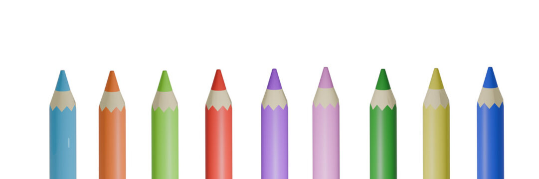 1列に並んだカラフルな色鉛筆の3Dイラスト