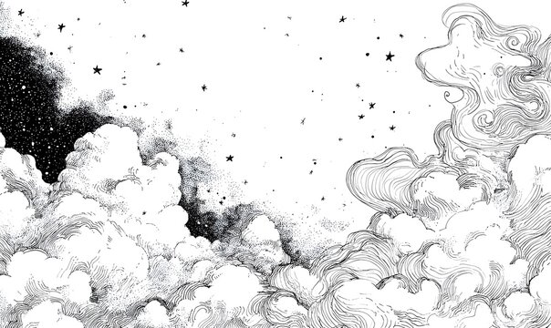 blue ink drawing of clouds and stars on a white background, featuring simple line art with swirls and a celestial motif, including stars.