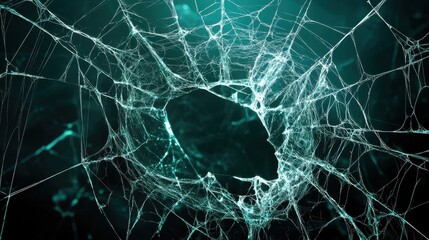 Intricate Web of Broken Glass, Teal Hues Against Dark Background