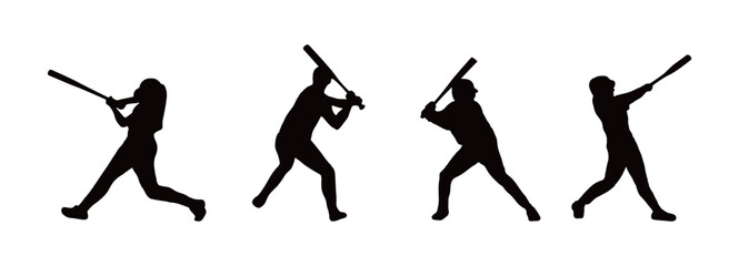 Set of four professional baseball player silhouettes showing different stages of a batting swing. Clean black vector shapes ideal for sports training materials, team logos, and tournament posters.