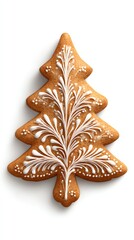 Gingerbread Christmas Tree: A festive gingerbread cookie in the shape of a Christmas tree, decorated with intricate white icing, bringing the spirit of the holidays.