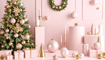 Elegant Christmas decorations in pink and gold tones with festive tree, ornaments, lit candles, and gift boxes creating a serene holiday scene.