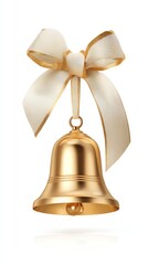 Golden Bell Ornament: A meticulously crafted golden bell, adorned with a delicate cream-colored bow, exudes an air of elegance and festive cheer. Its polished surface gleams under soft lighting.