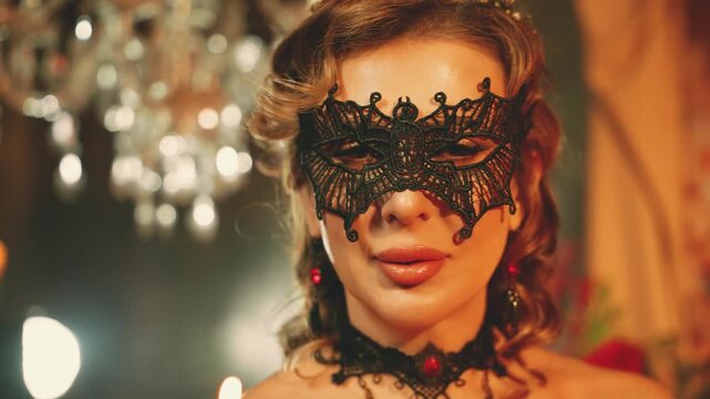 black lace carnival mask hiding out beauty face mystery woman goes to masquerade ball in dark room royal night club themed party. Sexy eyes woman lady queen looking at camera victorian style red dress
