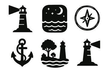 Naklejka premium Nautical icons: lighthouse, anchor, compass, moon, sea, tree