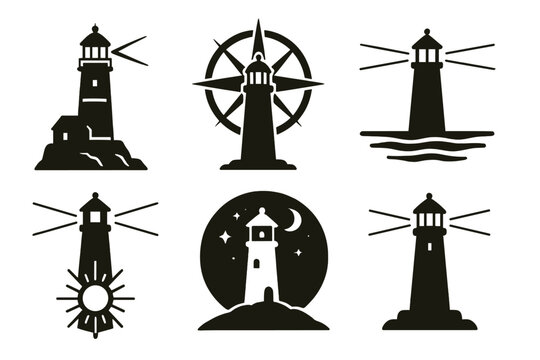Silhouette collection of six unique lighthouse designs