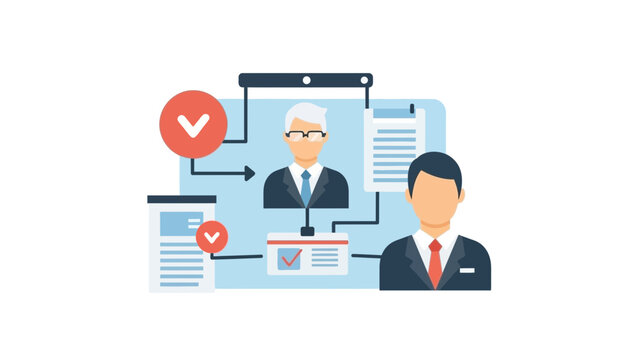 Business flowchart illustrating team management and workflow with personnel icons