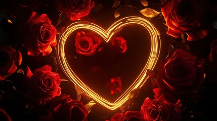 Glowing Heart Surrounded by Dark Red Roses, Romantic Valentine's Day Theme