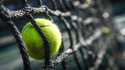 Bright yellow tennis ball nestled within a dark net, soft focus background