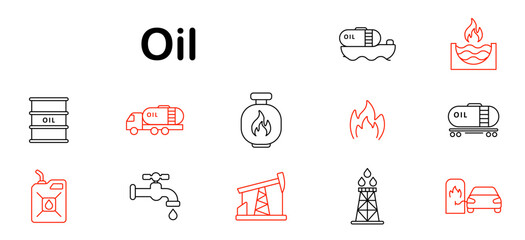 Oil set icon. Barrel, flame, tanker, rig, fuel, gas, tap, pipeline, fire, platform, station, truck, valve, transport, extraction, liquid.