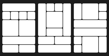 Bento grid abstract layouts with geometric tiles and rounded corners. Modern modular UI design panels, trendy web interface templates, collage frames and infographics. Vector illustration.