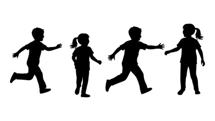 Children running silhouettes set. Group of little boys and girls playing tag, racing, and chasing each other. Black vector illustration isolated on white. © Erik