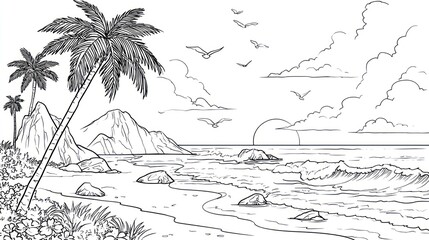 Black and white sketch tropical beach, mountains, ocean, palm trees, birds, and sky