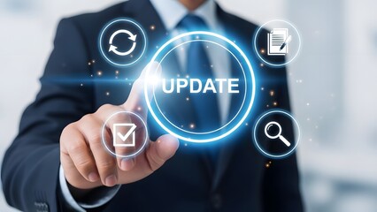 Business Hand Touching Update Icon in Futuristic Digital Interface for Tech Workflow